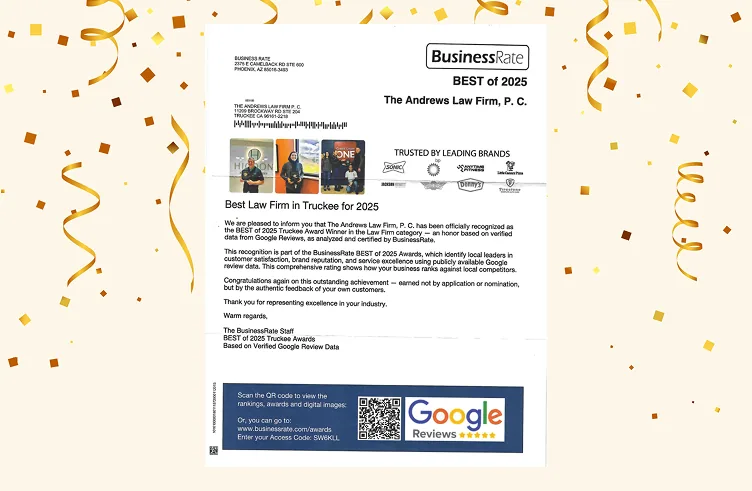 BusinessRate Best of 2025 certificate for The Andrews Law Firm